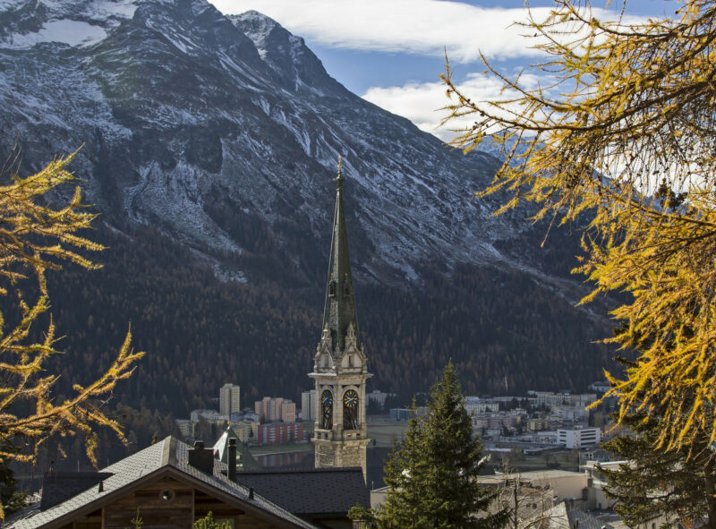 view through the autumnal autumn forest on St. Moritz