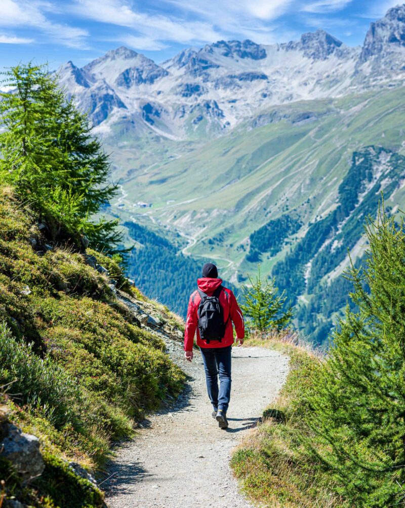 Young hikers on the Muragl valley in the area St.Moritz.