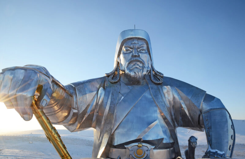 The stainless steel Genghis Khan Equestrian Statue in winter, a stop on luxury Mongolia holidays.