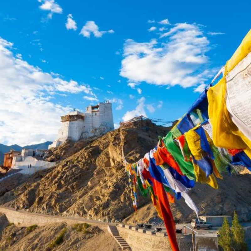 Tibetan prayer flags frame Leh Palace, set high on a mountain ridge in Ladakh under clear blue skies.
