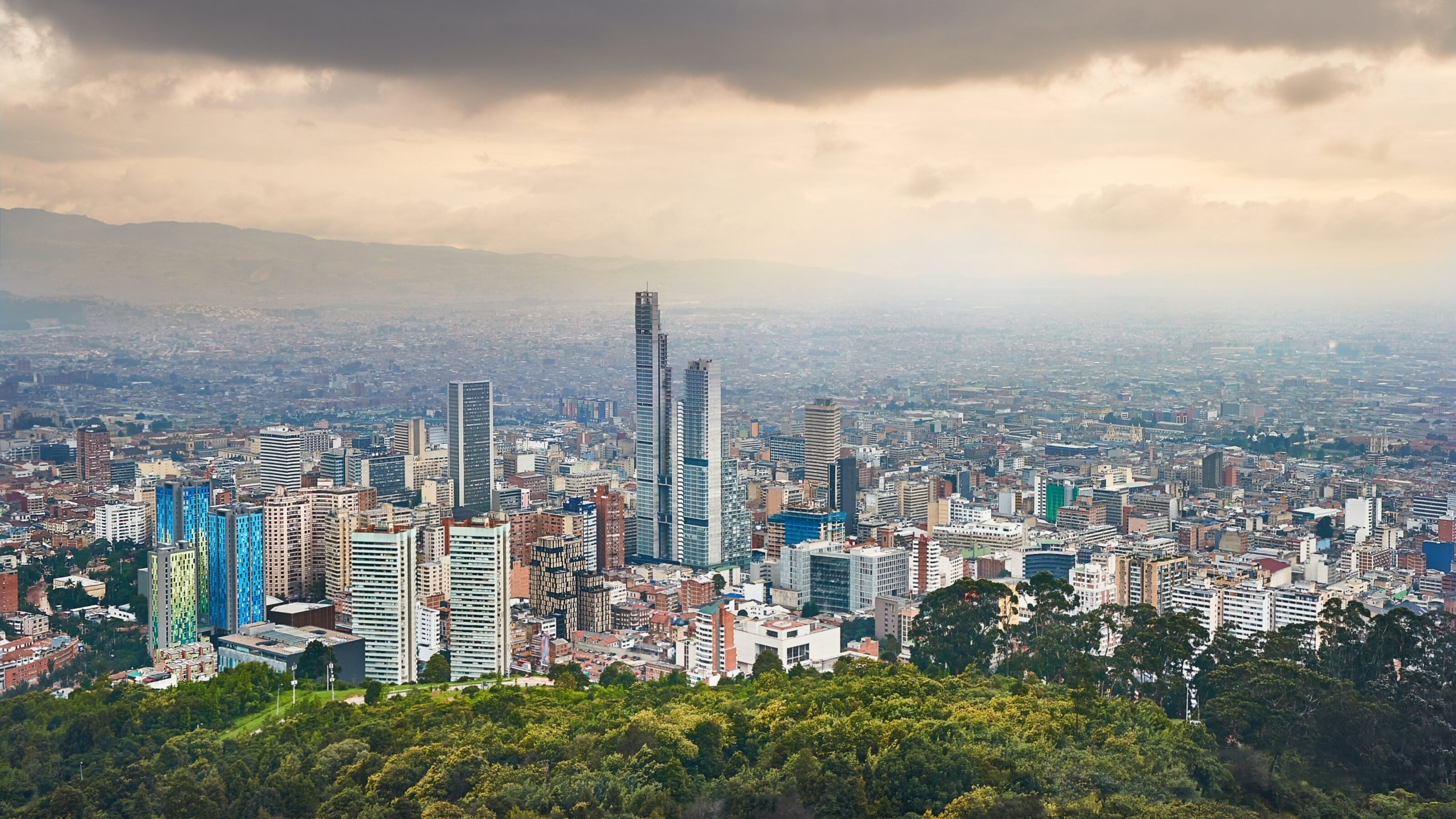 Skyscrapers in the city of Bogota, Colombia on misty rainy day