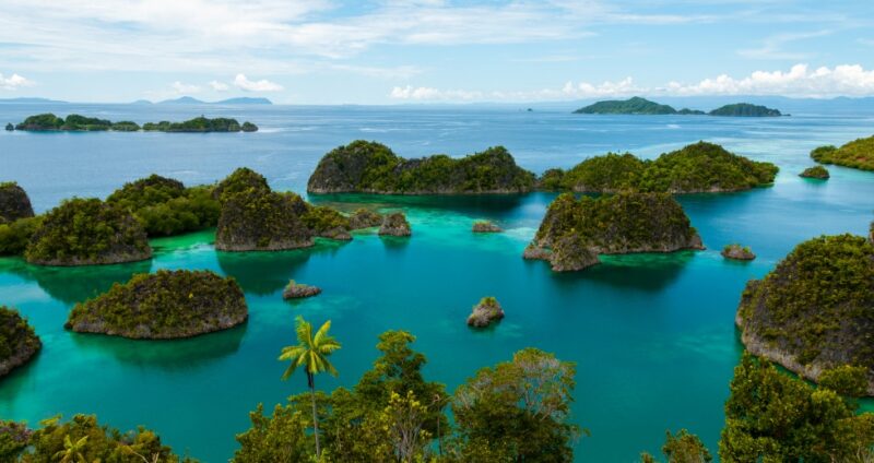 Scenic view of green karst islands in turquoise ocean water during luxury Asia grand tour vacations.