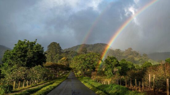 A bright double rainbow over a rural road leading through green trees and hills under grey clouds.