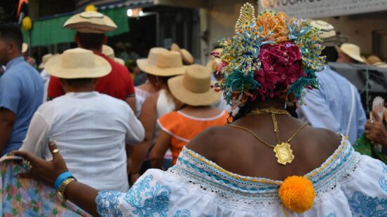 Close-up from behind of a person in a traditional embroidered dress and a vibrant floral crown in a crowd.