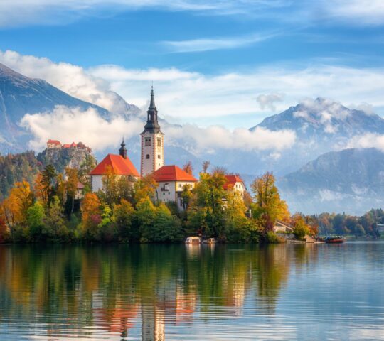 The Church of the Assumption on Lake Bled’s emerald waters