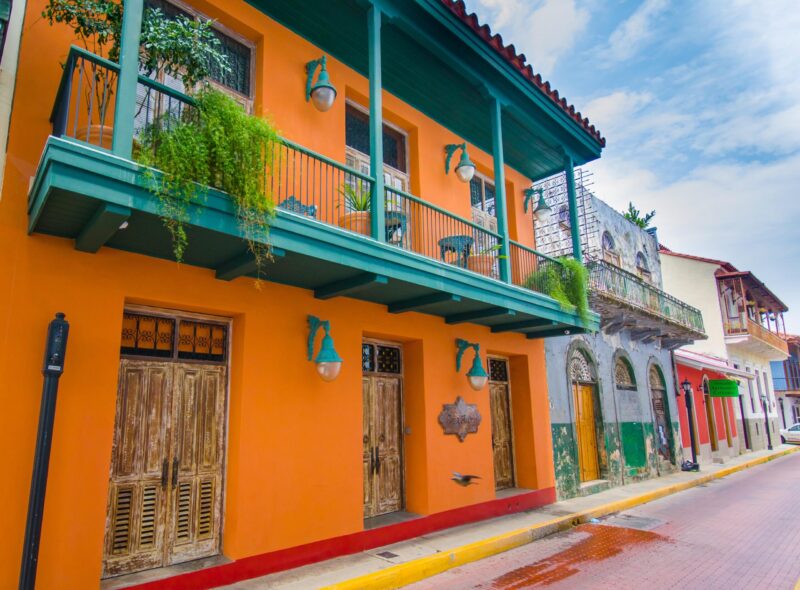 Restored colonial architecture lining a quiet street in Casco Viejo, Panama City.