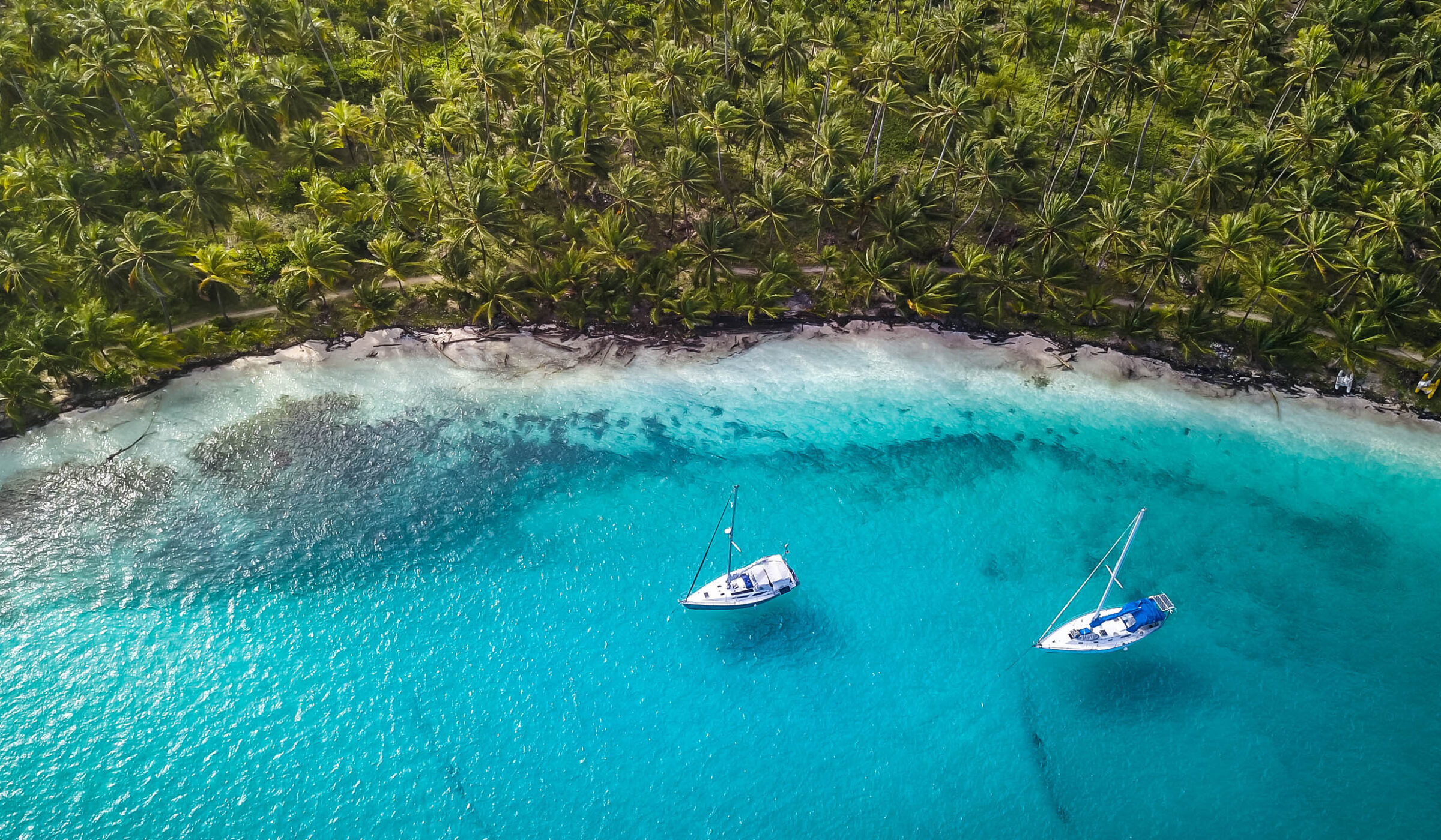 San Blas Islands, Panama - Aerial Drone Top Down View of two Sail boats