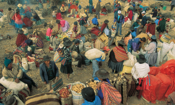 A crowded outdoor marketplace where people in hats and colorful clothing stand near large sacks of potatoes and goods.