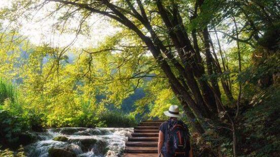 Hiker walking on a wooden path through a green forest next to a cascading mountain stream.