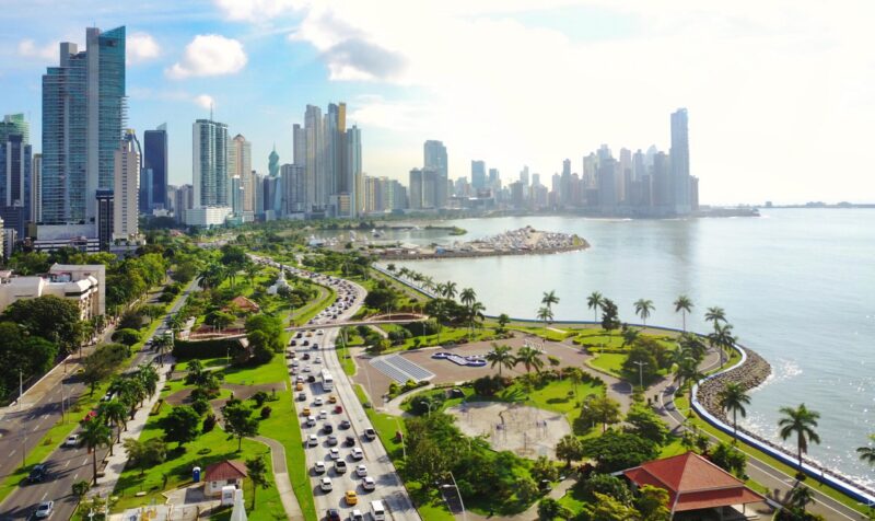 Aerial view of the modern skyline of Panama City , Panama