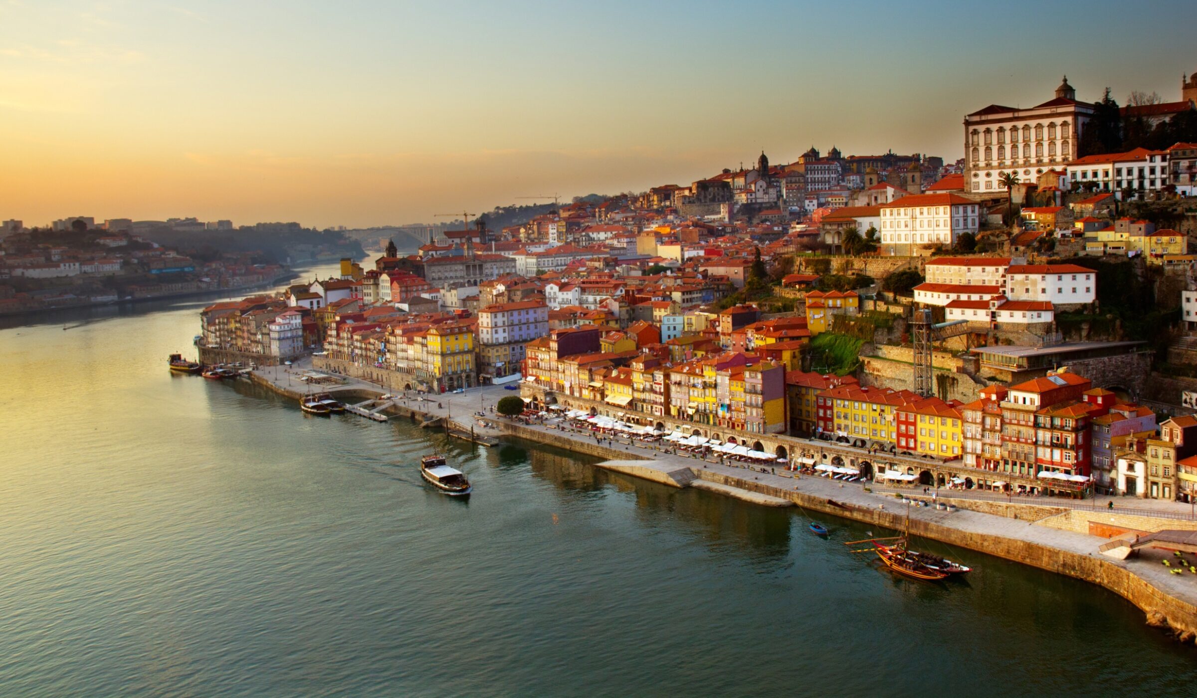 hill with old town of Porto and river Douro at sunset, Portugal