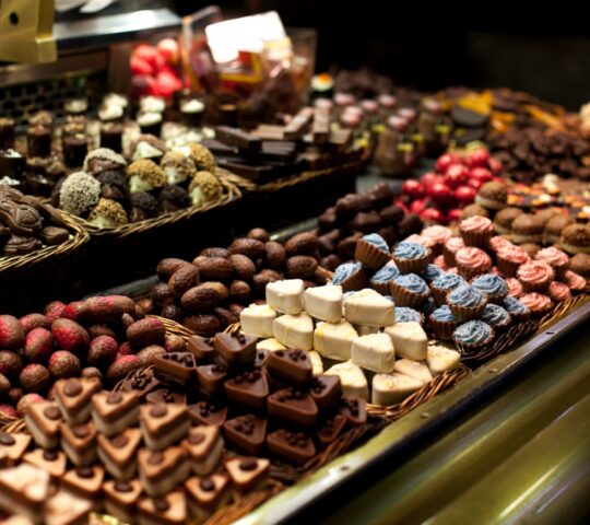 A chocolate shop within the Boqueria market in Barcelona