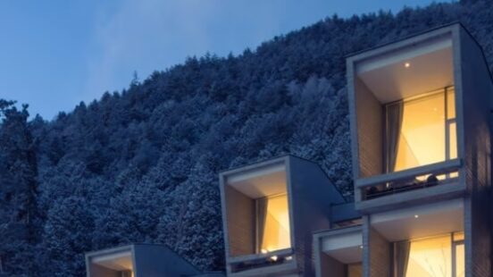 Snowy night time scene at Hoshinoya Fuji, Japan