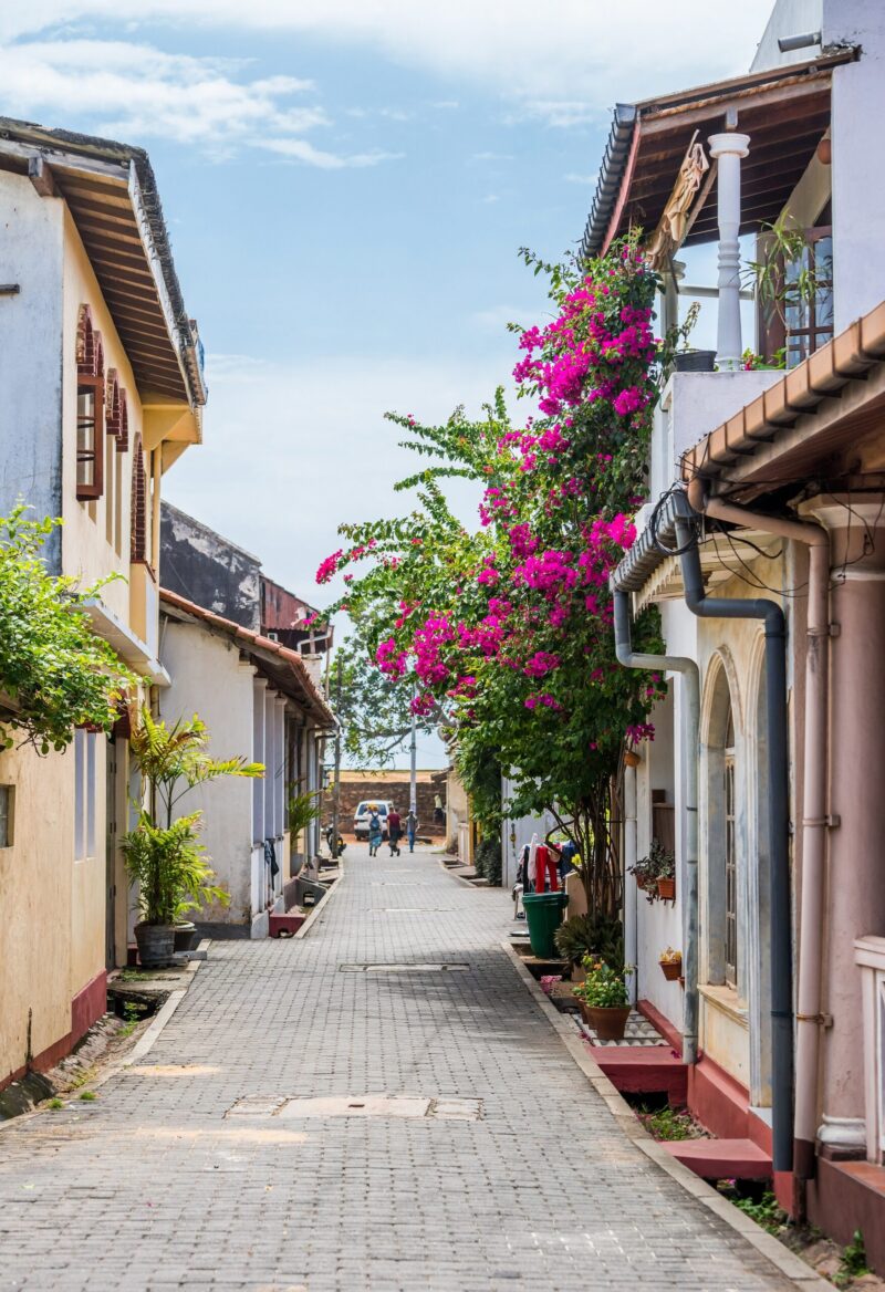 GALLE, SRI LANKA – 28 SEPTEMBER 2016: Small old cozy street at rainy day: New Lane street in the Dutch Galle Fort (UNESCO World Heritage Site).