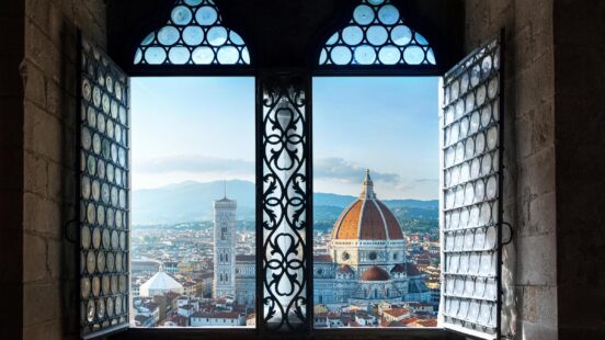 View from the old window on Florence Duomo Basilica di Santa Maria del Fiore.