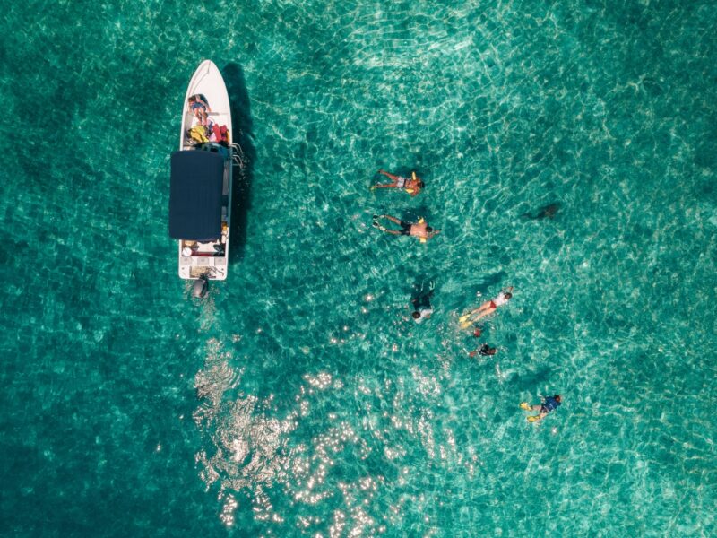 An aerial view of snorkellers in Belize