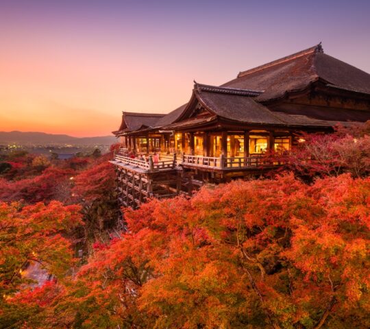 Temple surrounded by autumn leaves in Kyoto