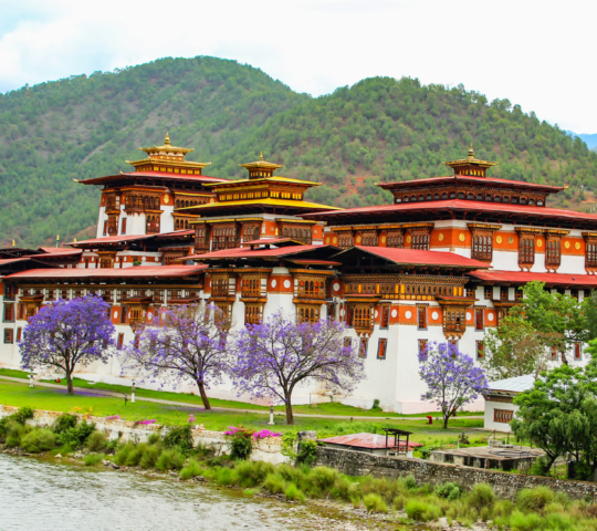 View of the majestic Tashichho Dzong, a traditional Bhutanese fortress and monastery