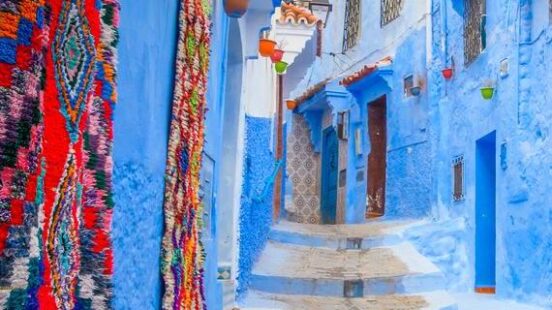 Beautiful street of blue medina in city Chefchaouen, Morocco,