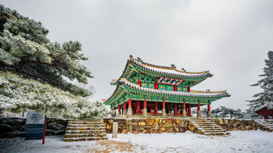 A colorful traditional Korean Hyanggyo building surrounded by snow and evergreen trees in the winter.