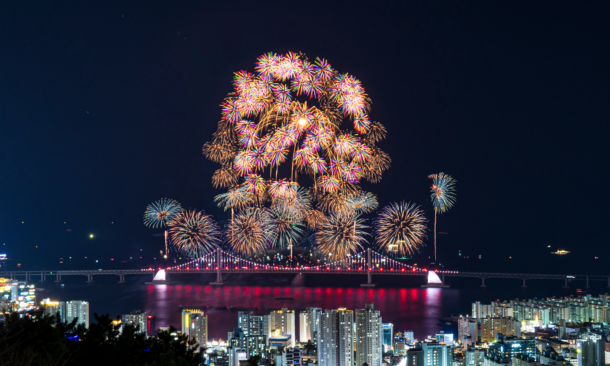 Large, colorful fireworks display at night over a suspension bridge spanning water, with the bright city skyline visible below.
