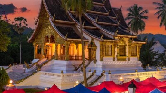The night souvenir market in front of National museum of Luang Prabang, Laos.