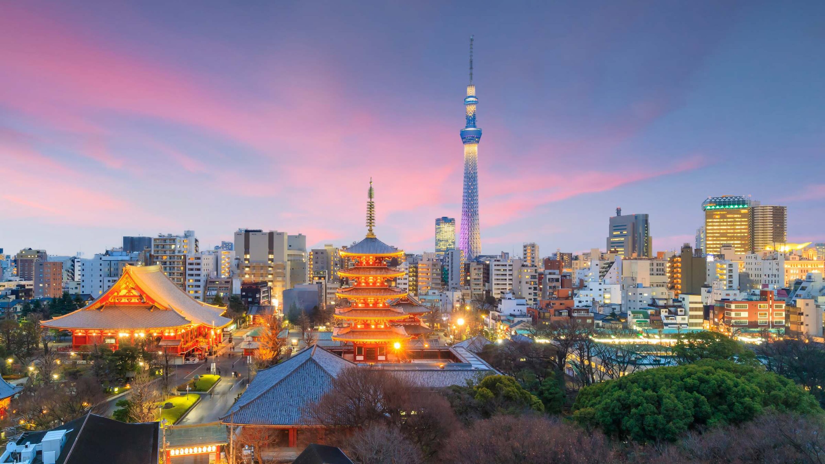 Tokyo skyline at dusk with Tokyo Skytree and traditional pagoda illuminated, under a pink sky.