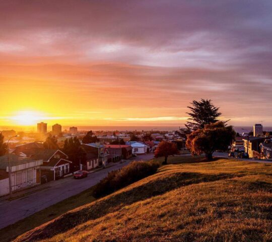 Sunrise over the city of Punta Arenas and the Strait of Magellan