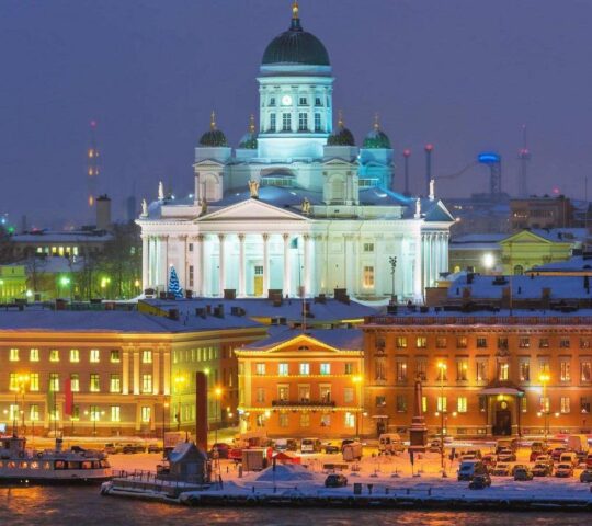 Helsinki scenery lit up by night