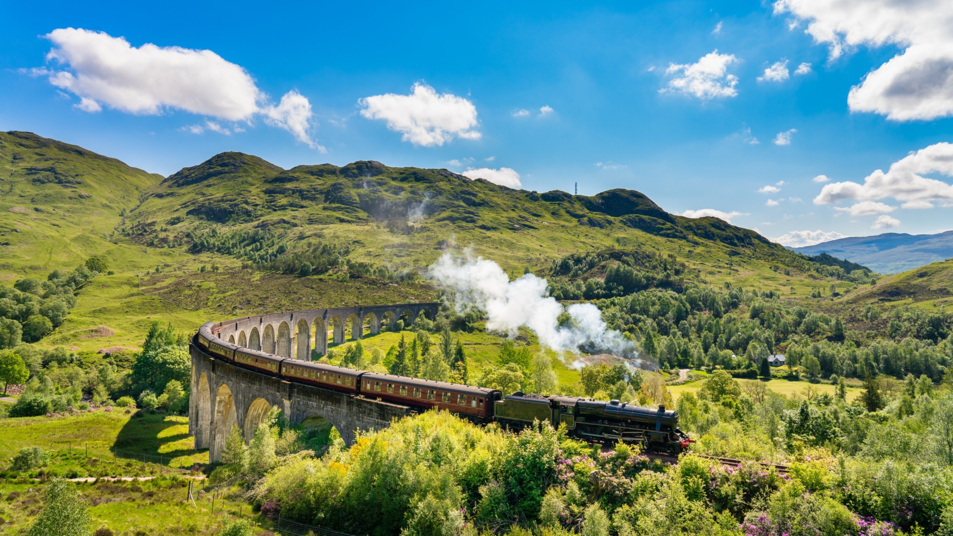 Steam train crossing a viaduct in a lush green landscape with blue sky above.