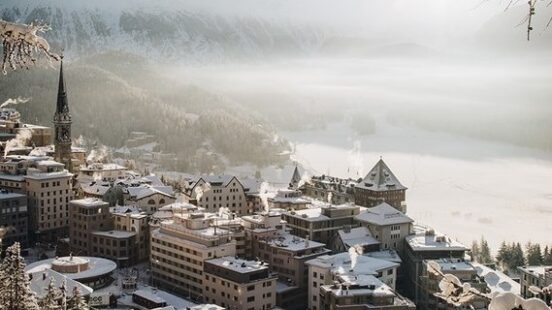 Aerial view of Badruttx27;s Palace, switzerland, covered in snow