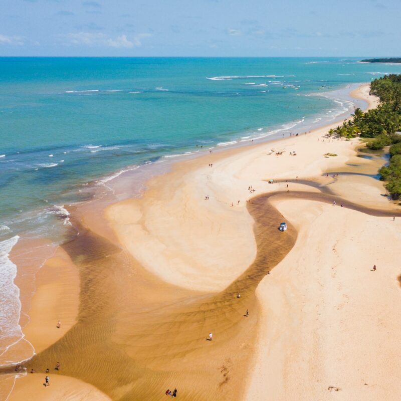 Trancoso, Porto Seguro, Bahia. Aerial view of Praia dos Nativos and Praia dos Coqueiros