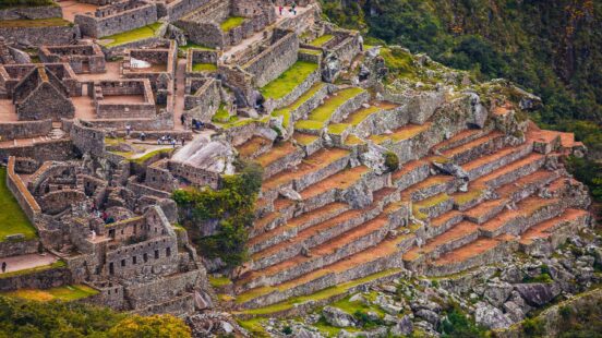Aerial view of Machu Picchux27;s ancient ruins and terraces in Peru.