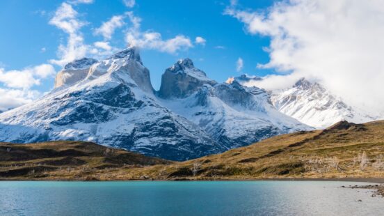 View of Cuernos del Paine mountains in Torres del Paine National Park in Chile