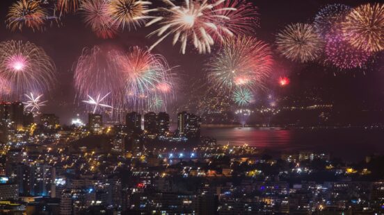 Colorful fireworks over a nighttime cityscape by the water.