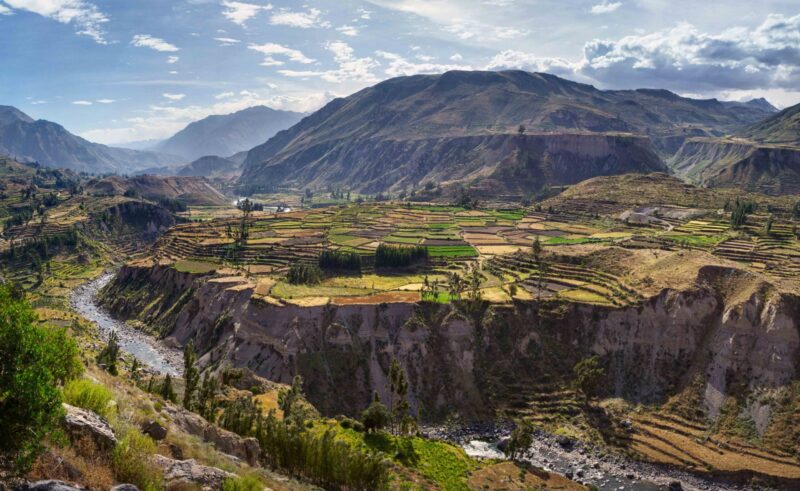 View of terraced fields and Colca river in Colca Canyon in south