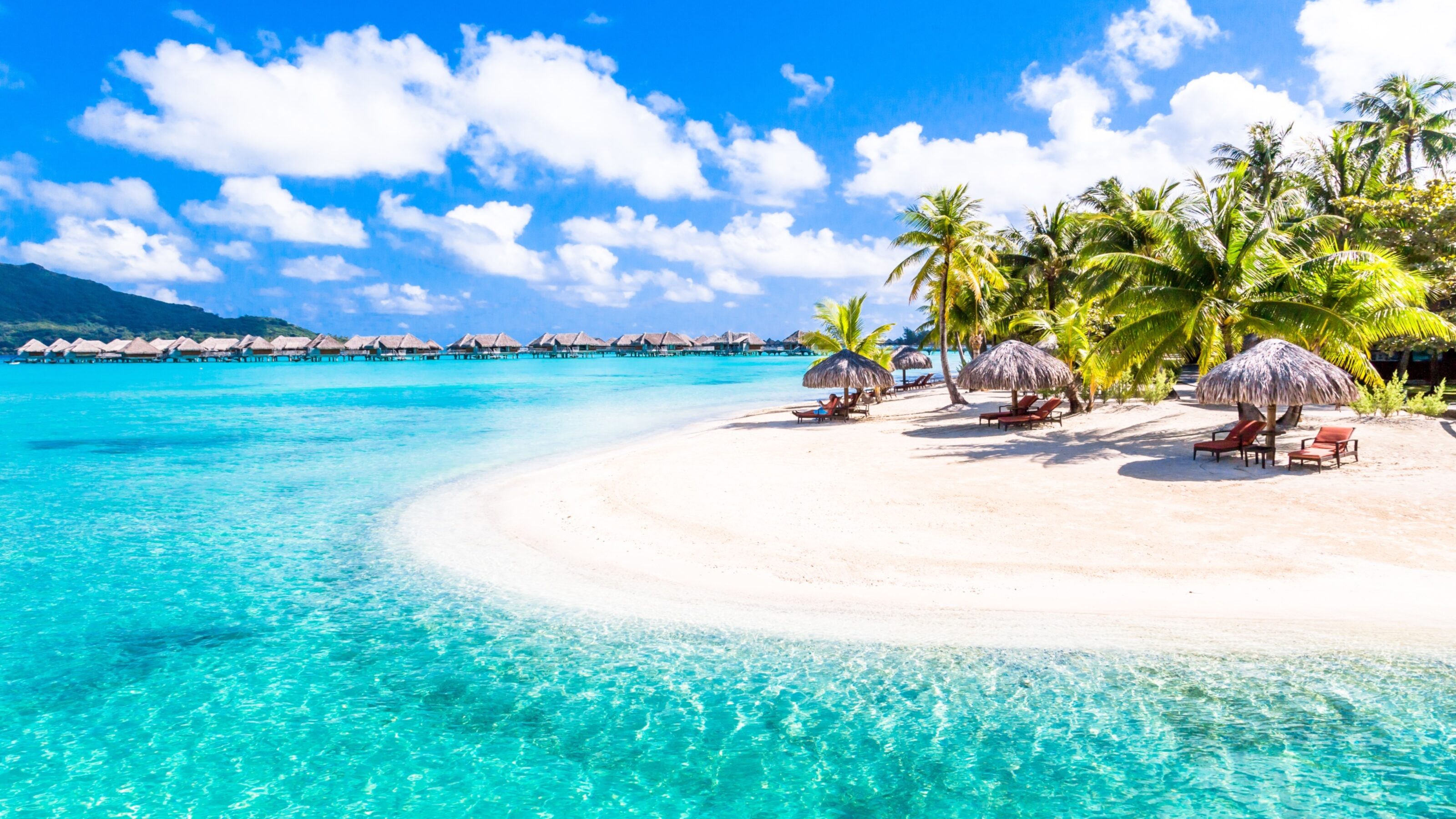 Tropical beach with clear blue water, white sand, palm trees, thatched umbrellas, and overwater bungalows.