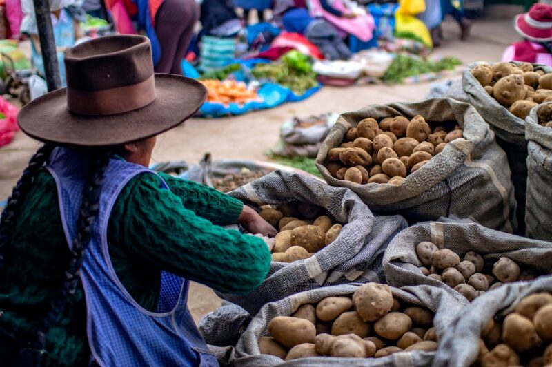 A woman selling potatoes at a market in Cusco, Peru