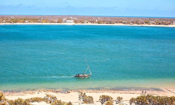 A boat sailing off the coast of Lamu in Kenya