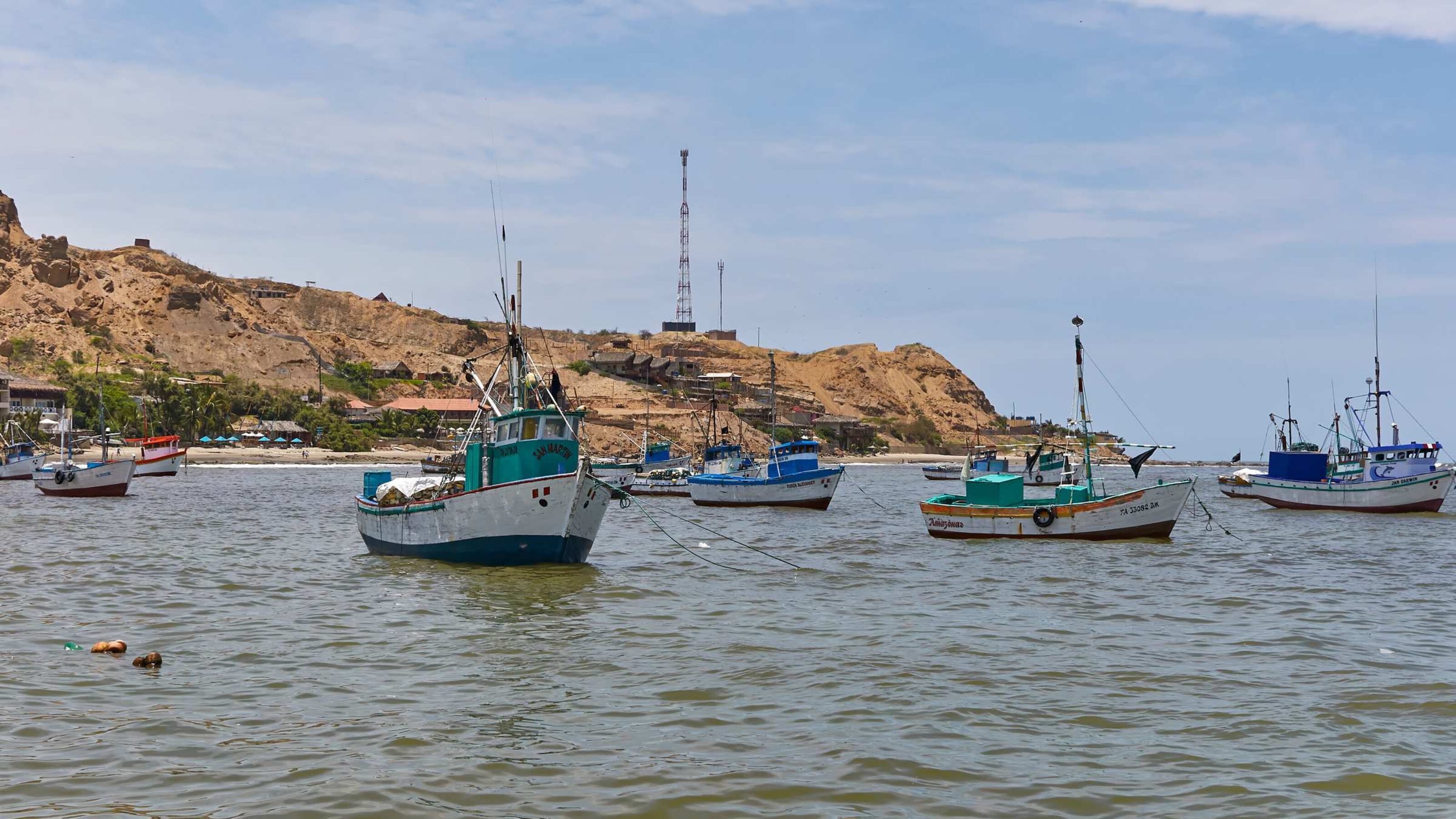 Fishing boats anchored near a hill with buildings and antennas under a blue sky.