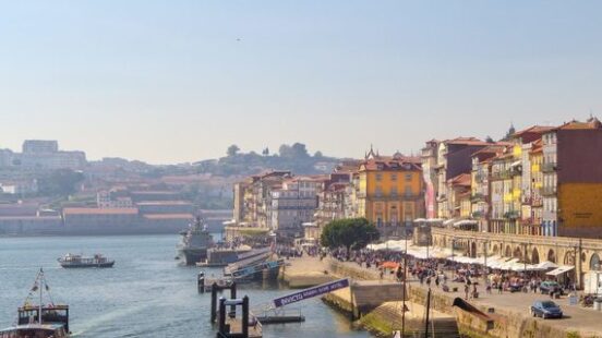 The small city of Porto, small cafes and restaurants on the banks of Douro river