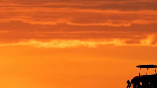 A night time game drive in Africa, beginning at sunset