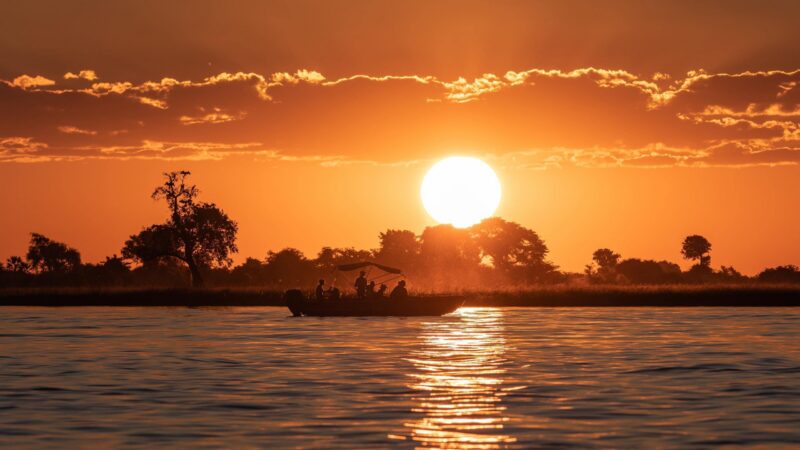 Sunset silhouette of a boat with people on a calm lake, with a large sun and orange sky in the background.