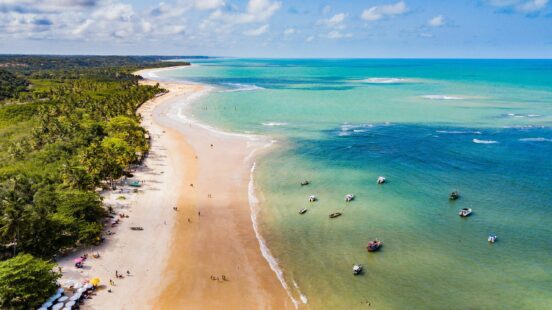 Aerial view of Trancoso beach in Bahia, Brazil