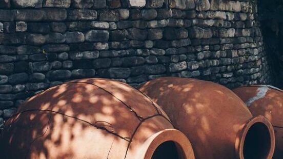 Clay qvevri pots used for making wine in Georgia