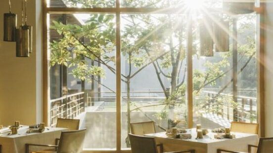 A sunlit restaurant with elegant tables, lush greenery outside, and soft, modern decor, creating a warm and inviting atmosphere.