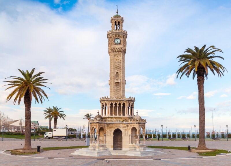 Empty Konak Square view with historical clock tower. It was built in 1901 and accepted as the official symbol of Izmir City, Turkey