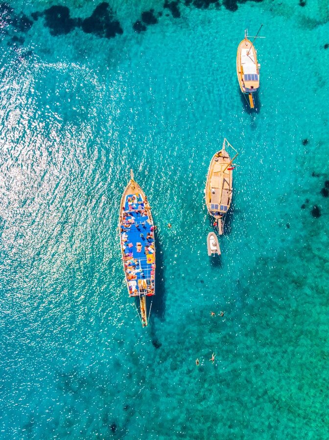 Drone view to the Aegean sea and the boats on it in city of Bodrum in Turkey