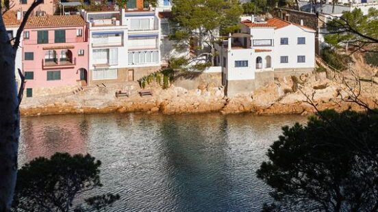 A small coastal village with white and pastel houses nestled above a clear blue cove, framed by dark trees.