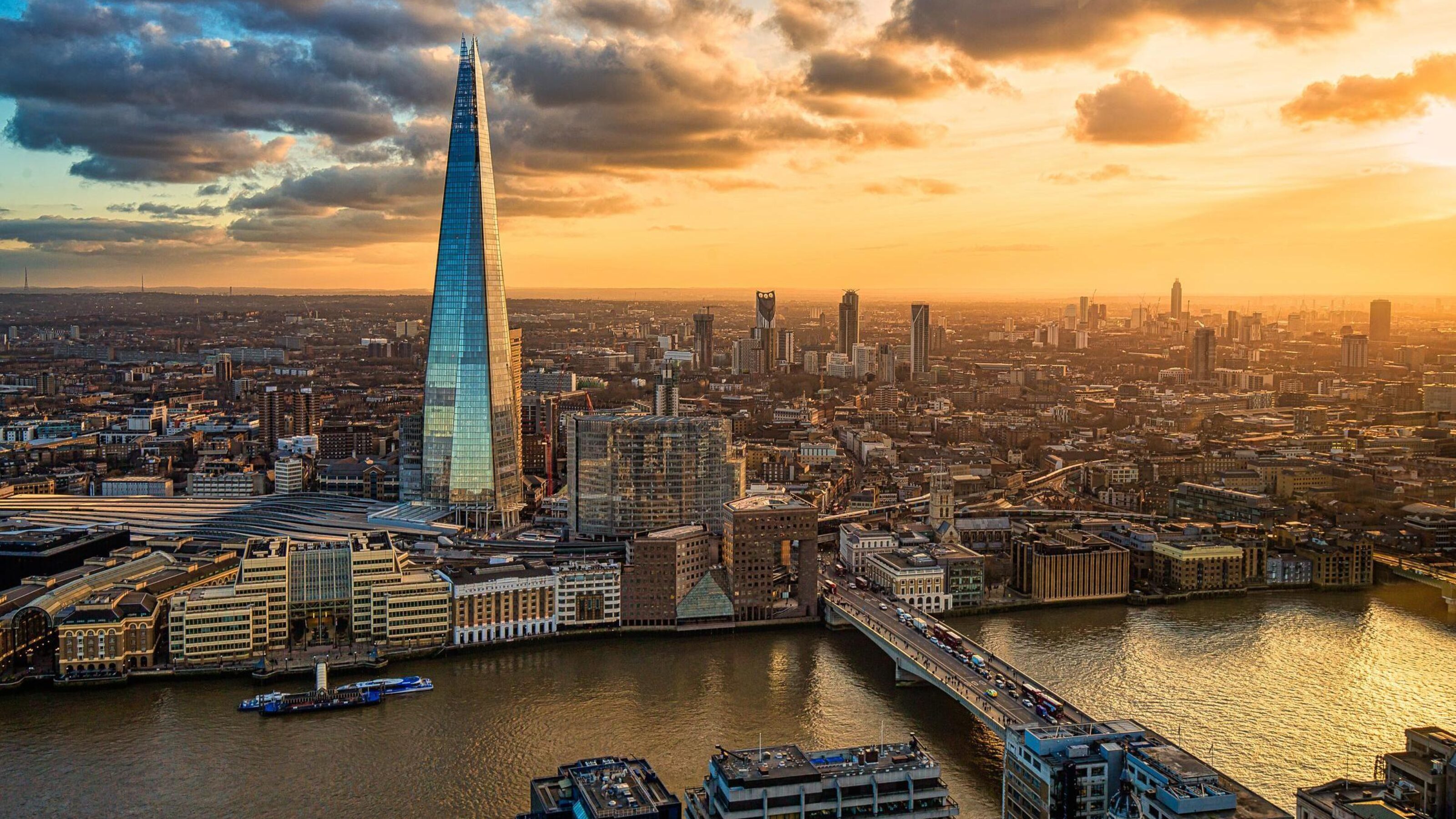 Aerial view of London skyline at sunset